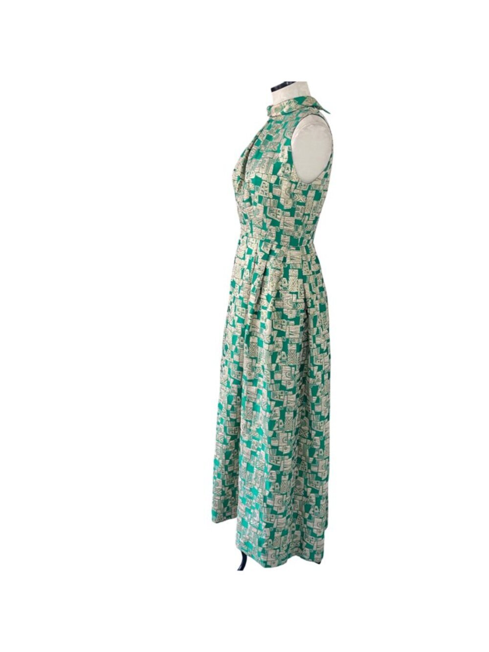 Vintage Womens Pleated Maxi Dress Size Small Green Gold Geometric Print Casual - Picture 14 of 16